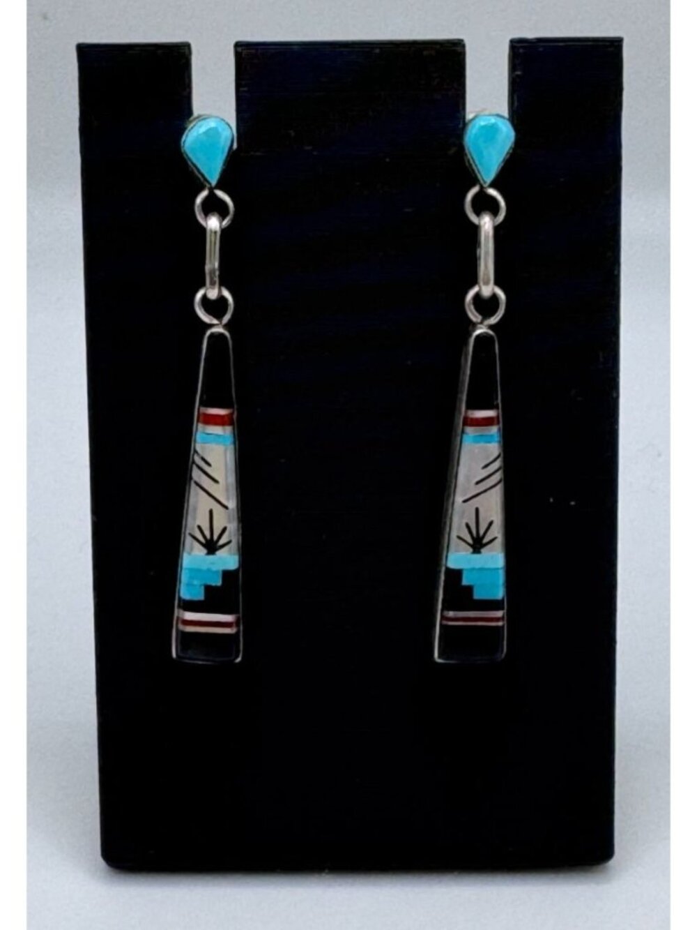 Vintage Zuni M Noche Sterling Silver Multi Stone Mosaic Inlay Dangle Earrings